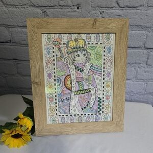 Colorful Cat Art in Wooden Frame